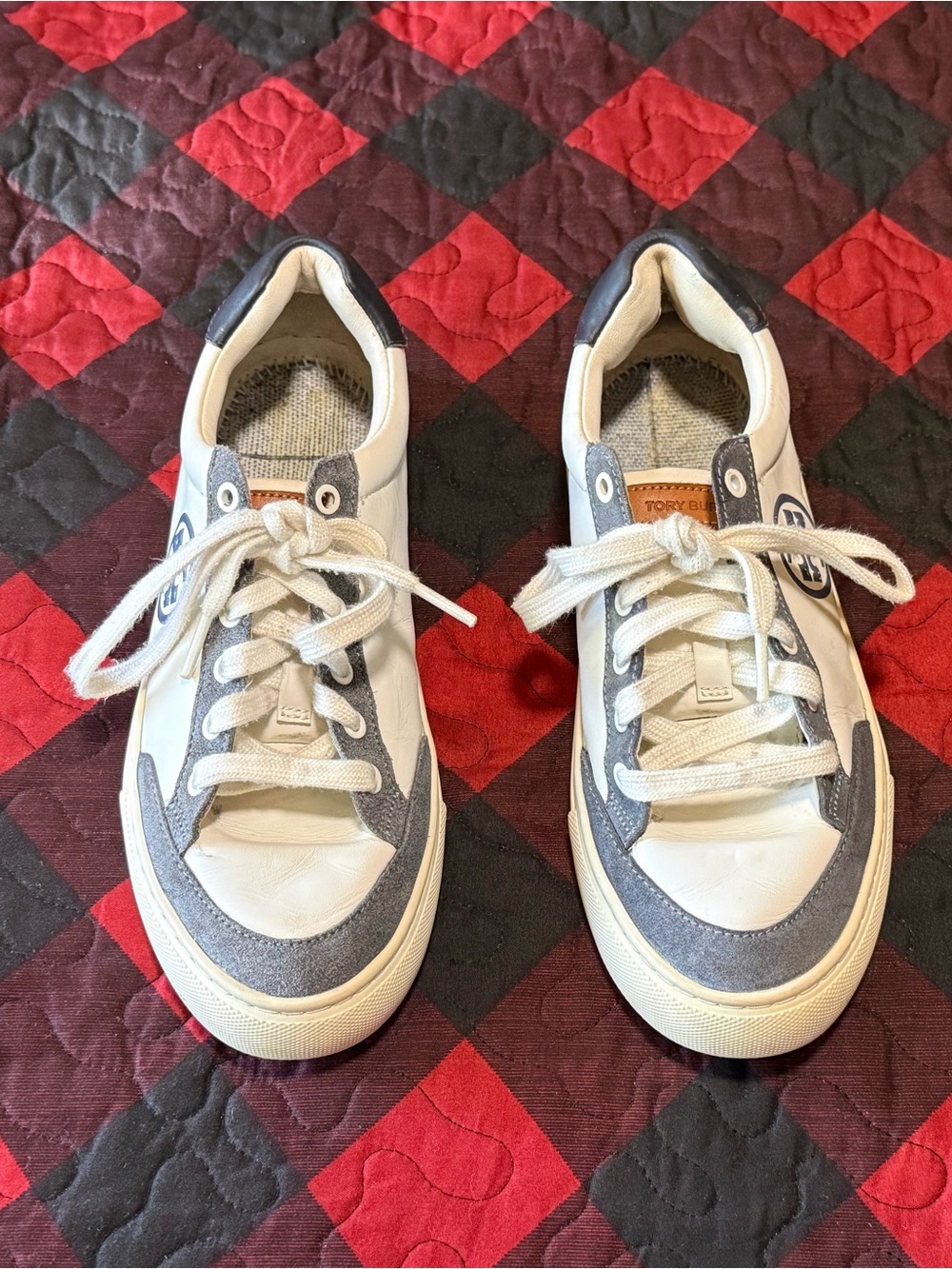 Tory Burch White Leather and Blue Suade T Logo Sneakers Women’s Size 7